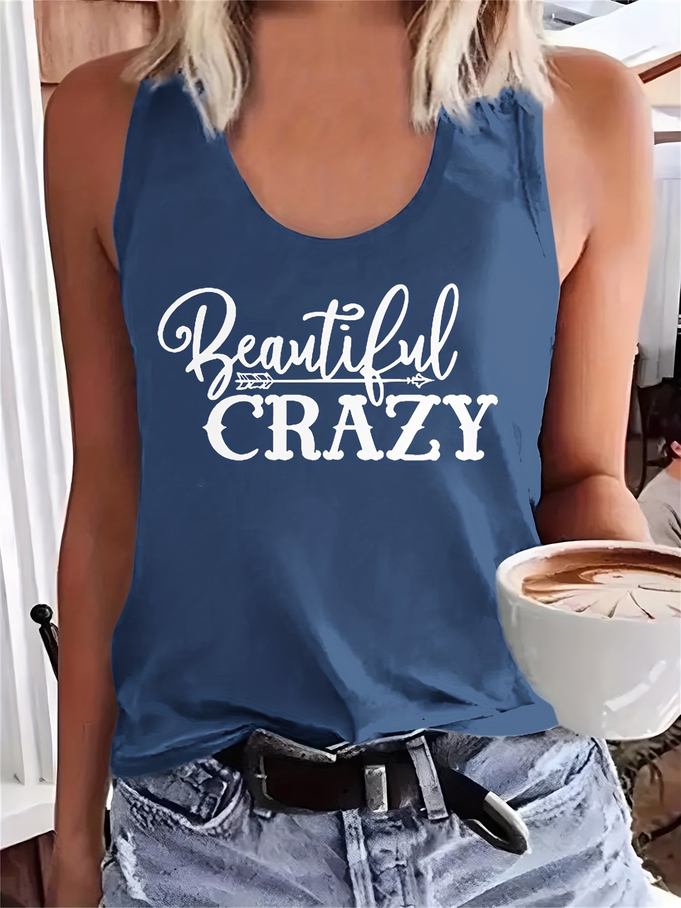 Letter Print Scoop Neck Sleeveless Tank Top