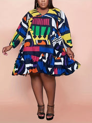  Geometric Print Midi Dress Women's Plus V Neck