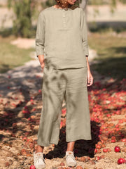 Solid Casual Two piece Set Crew Neck Button Front Tops & Wide Leg Cropped Pants
