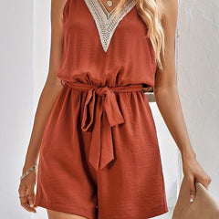 Guipure Lace Belted Romper Jumpsuit