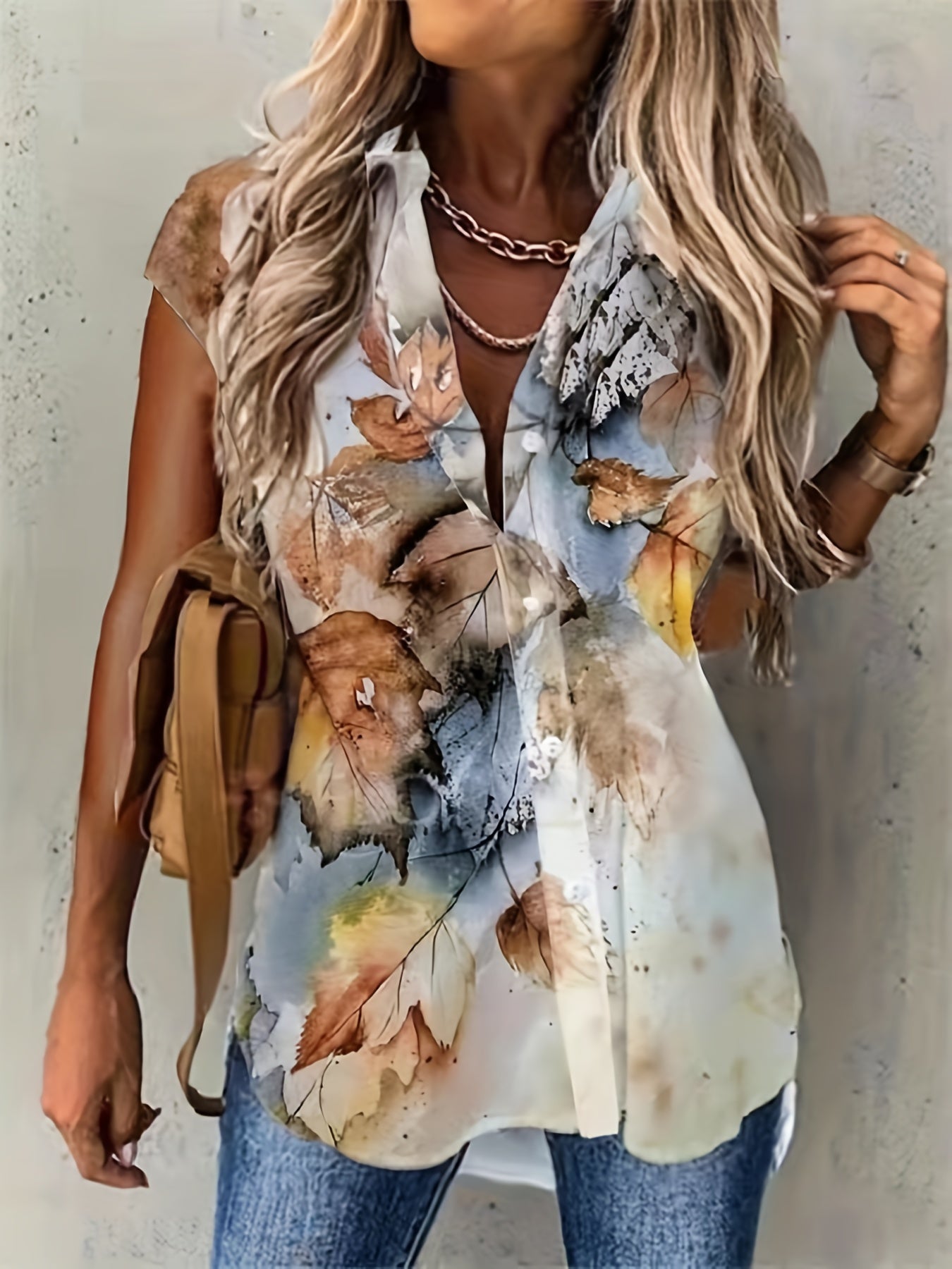  Leaf Print Cap Sleeve Blouse
