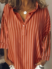  Stripe Print Long Sleeve Polo Neck Blouse