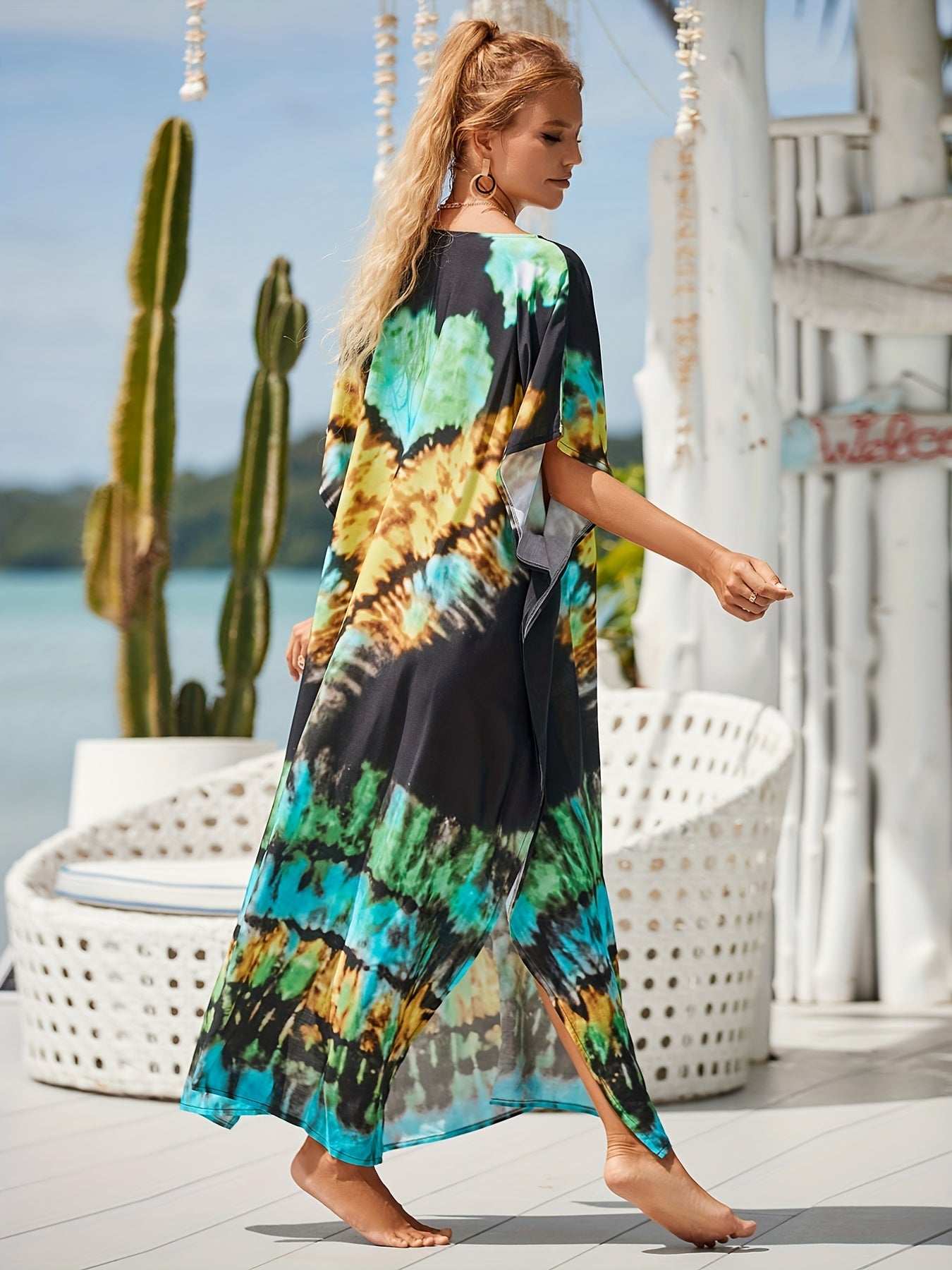  Tie Dye Cover Up Dress Women's V Neck Bat Sleeve Beach Casual