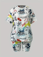  Allover Print Crop Top & Shorts 2 Piece Set