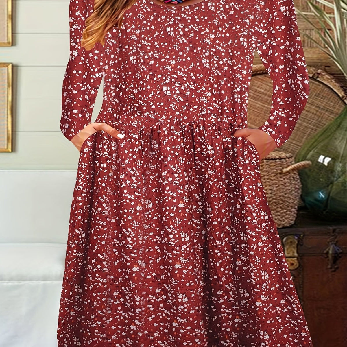 Random Ditsy Floral Print Round Neck Plus Size Tee Dress