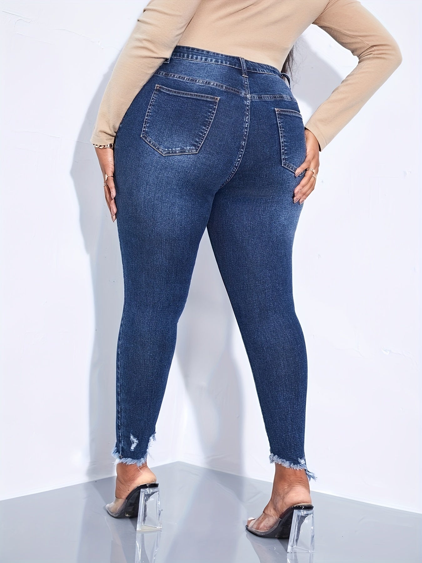 Washed Ripped Fringe High Stretch Jeans