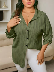  Solid Textured Roll Up Long Sleeve Blouse