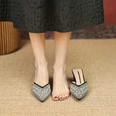 Women's Faux Pearl Block Heels Pointed Toe Pumps