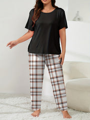  Casual Loungewear Set Solid Tee & Plaid Pants Pajama Set