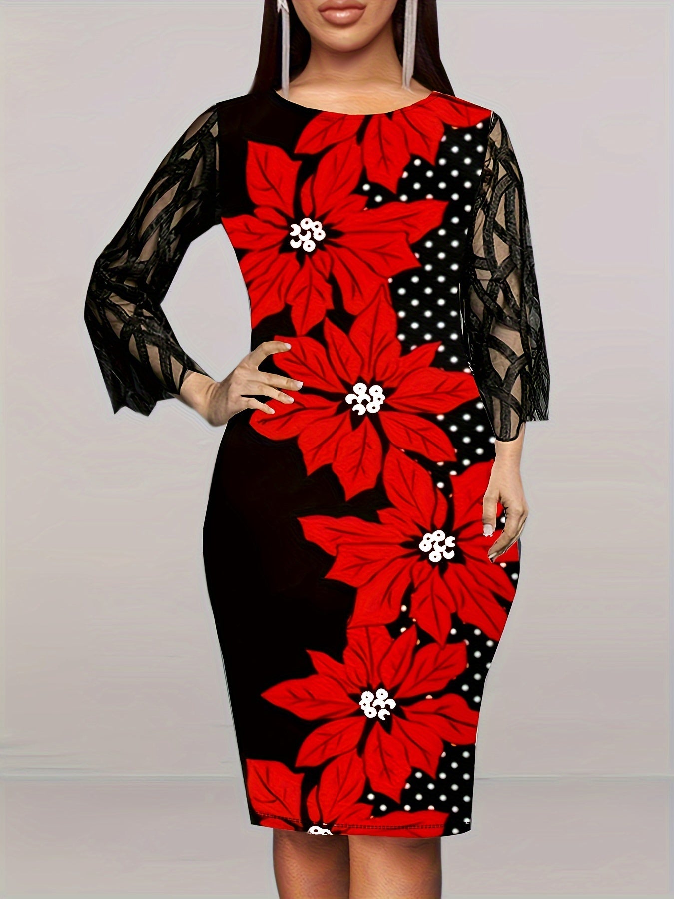  Colorblock Floral Print Long Sleeve Mesh Dress