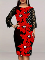  Colorblock Floral Print Long Sleeve Mesh Dress