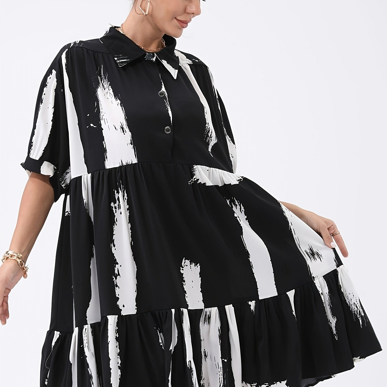  Casual Dress Women's Plus Brush Print Polo Neck Smock Dress