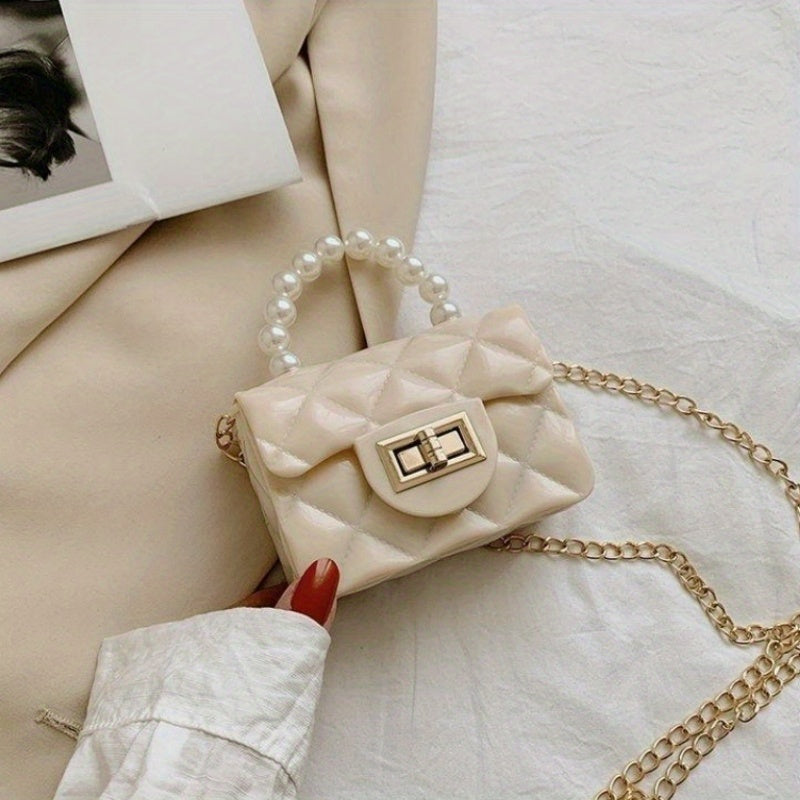 Argyle Quilted Square Bag with Metal Lock and Pearl Handle