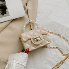Argyle Quilted Square Bag with Metal Lock and Pearl Handle