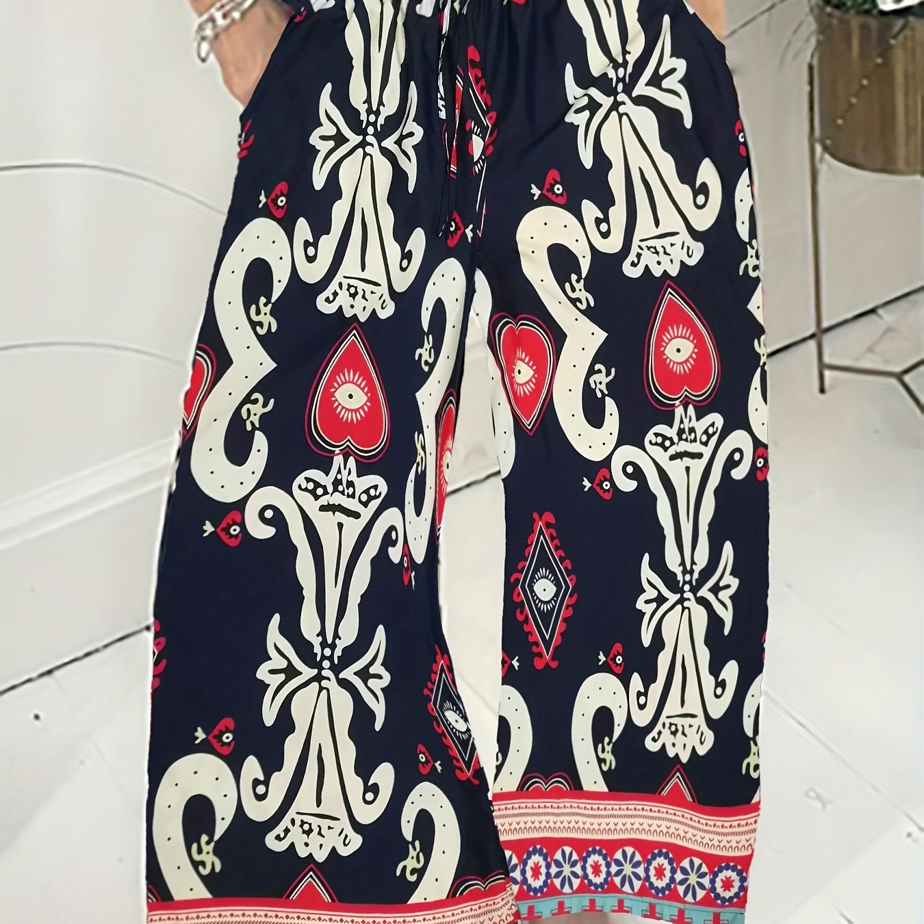  Colorblock Floral Wide Leg Pants With Pockets