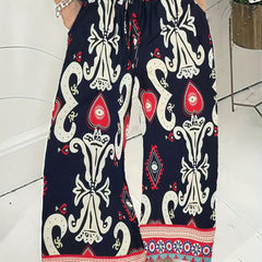  Colorblock Floral Wide Leg Pants With Pockets