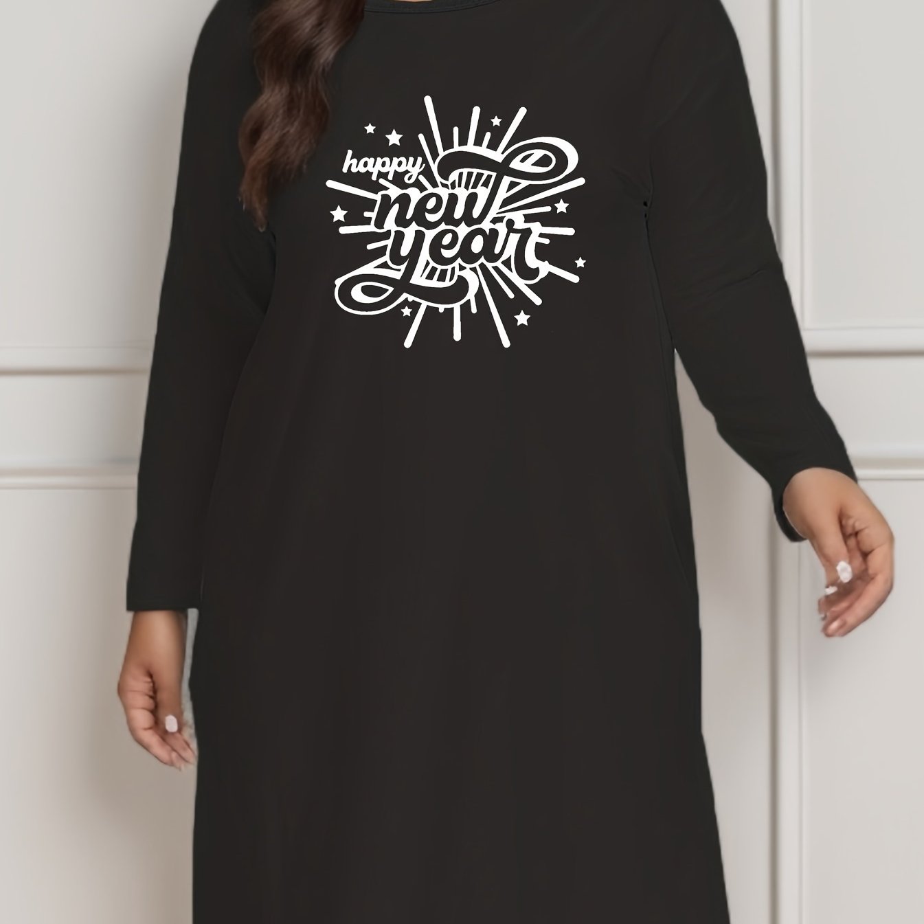  Lounge Dress Women's Tee Dress Long Sleeve Slogan Print Round Neck