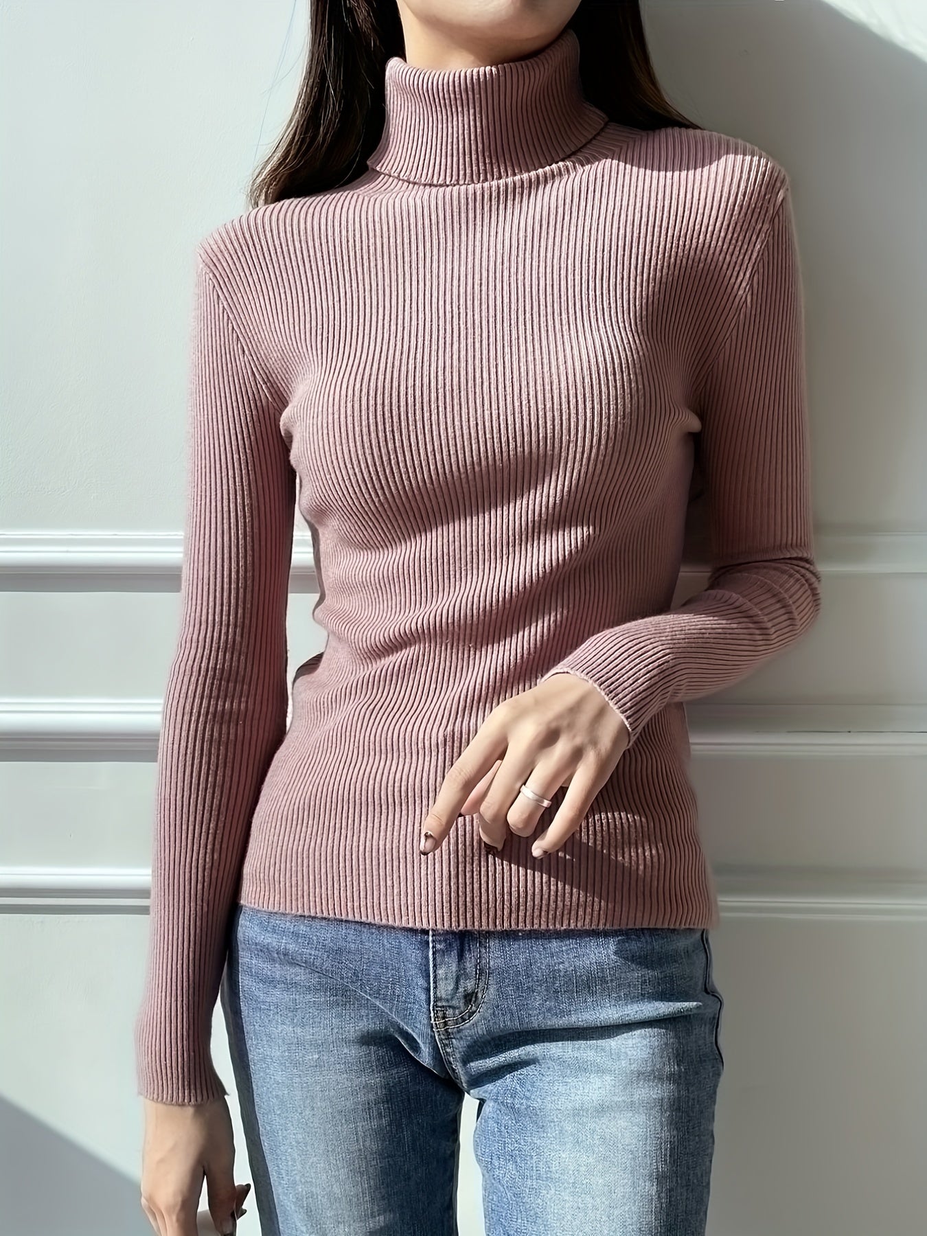 Women's Turtleneck Ribbed Sweater Slim Pullover Knit Top