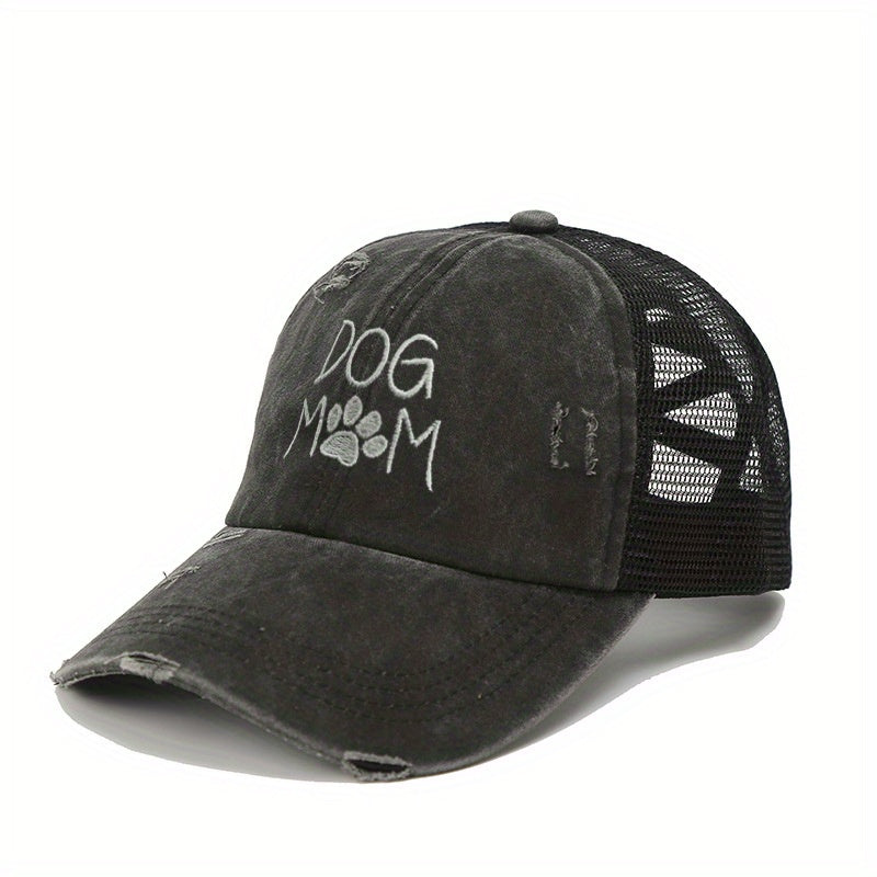 DOG MOM Embroidery Ponytail Baseball Cap Ripped Washed Distressed Sun Hat