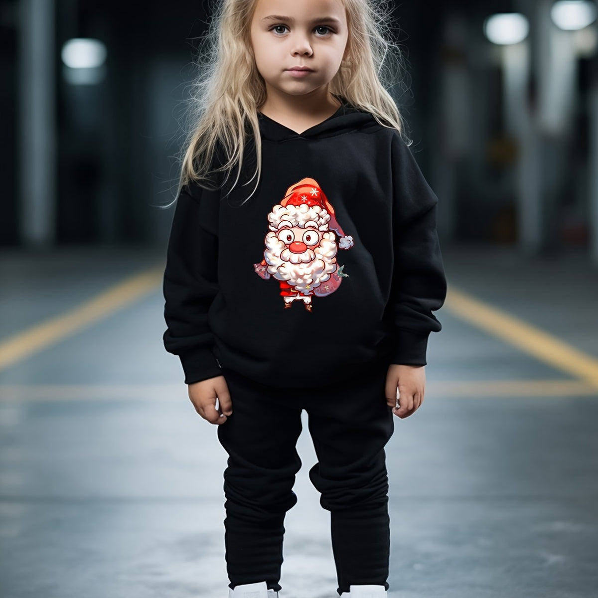Santa Print Hooded Pullover Pants Set For Sports Spring Fall Gift