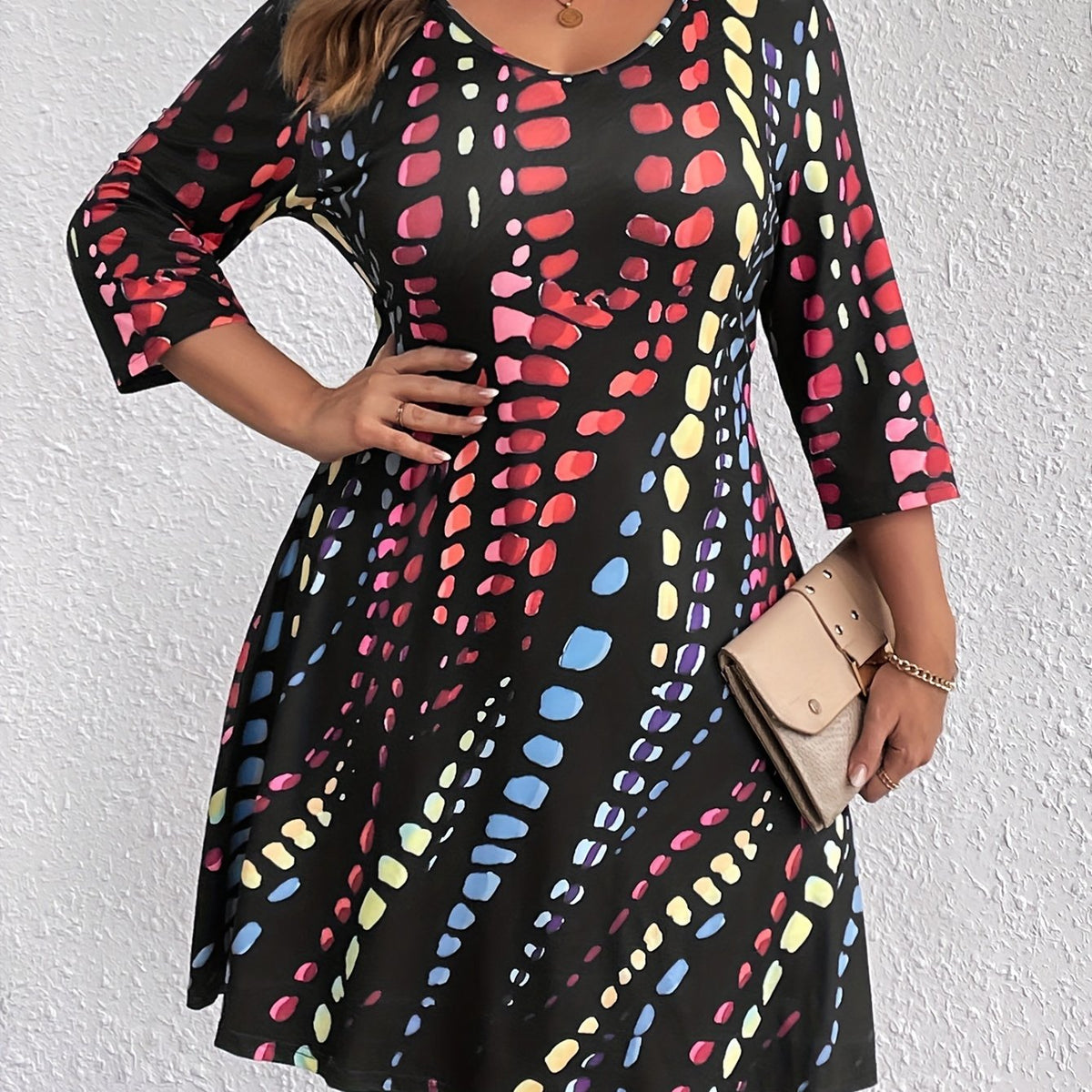 Tie Dye Three Quarter Sleeve V Neck Dress