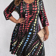  Tie Dye Three Quarter Sleeve V Neck Dress