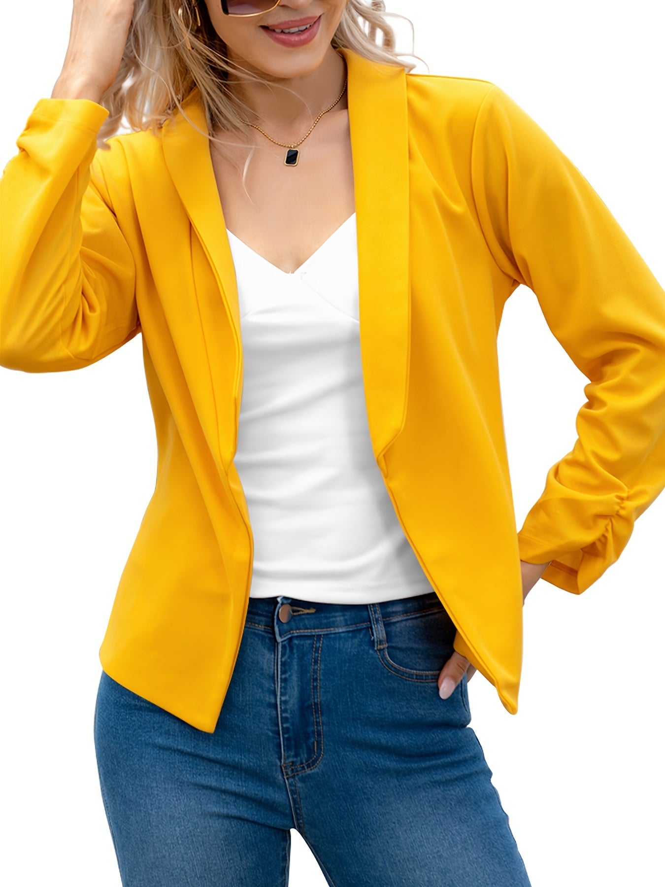 Long Sleeve Open Front Lapel Blazer & Stylish Tops For Office