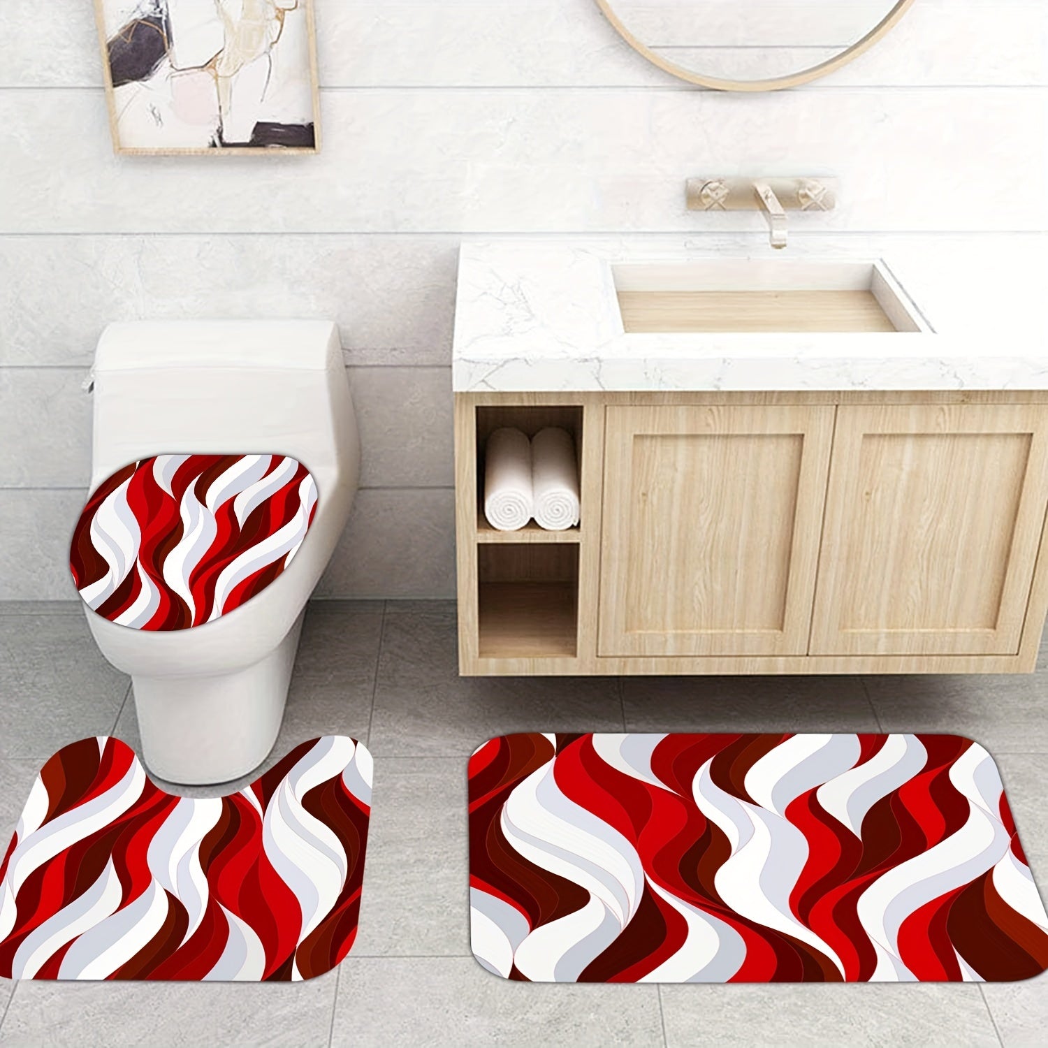 Red Stripe Bathroom Shower Curtain Set Waterproof with 12 Hooks