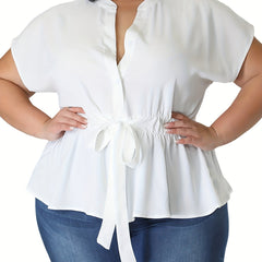  Casual Blouse Women's Plus Plain Button Short Sleeve