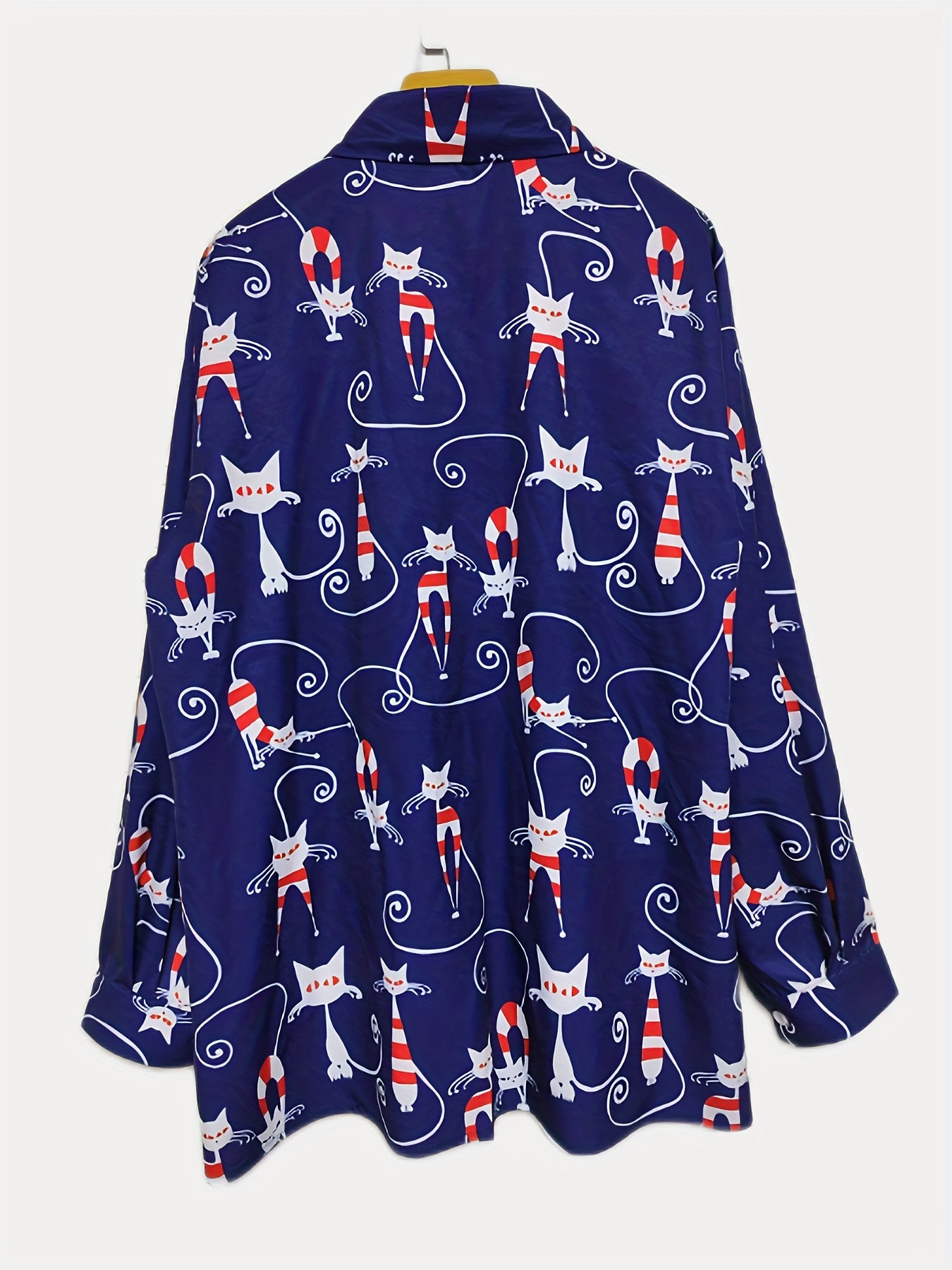  Cat Print Button Up Long Sleeve Blouse