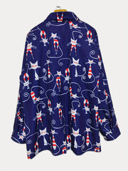  Cat Print Button Up Long Sleeve Blouse
