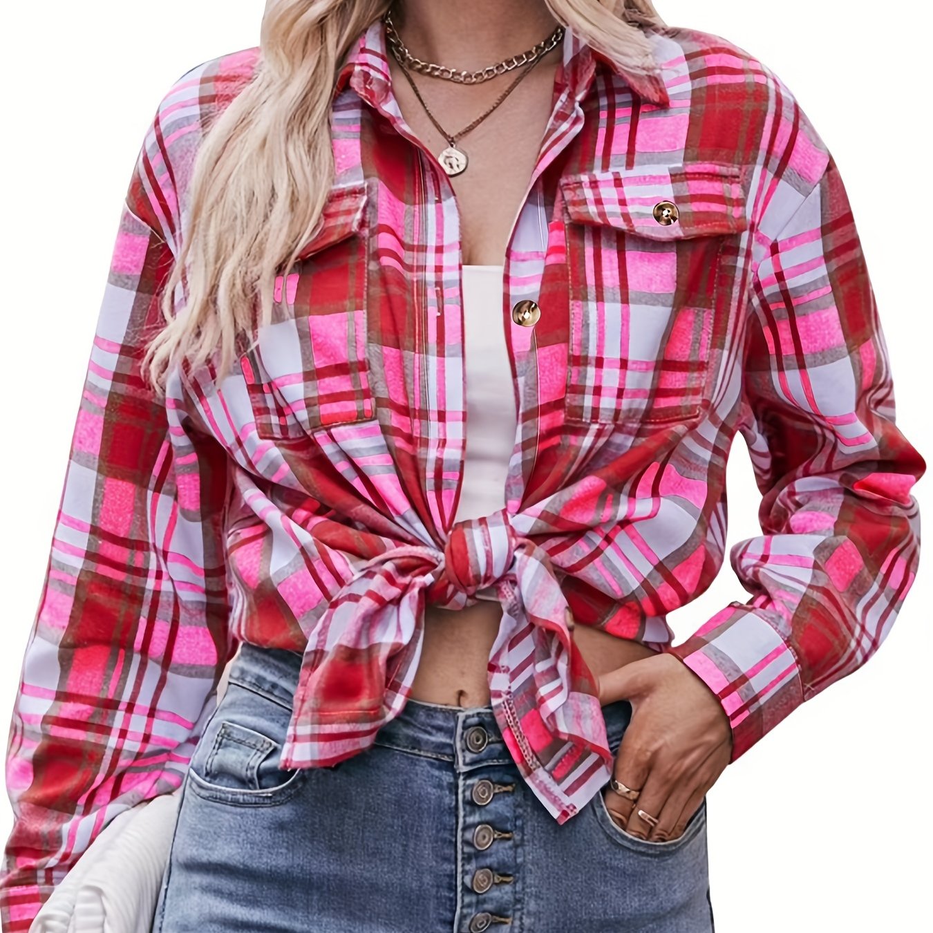  Plaid Print Long Sleeve Button Up Blouse