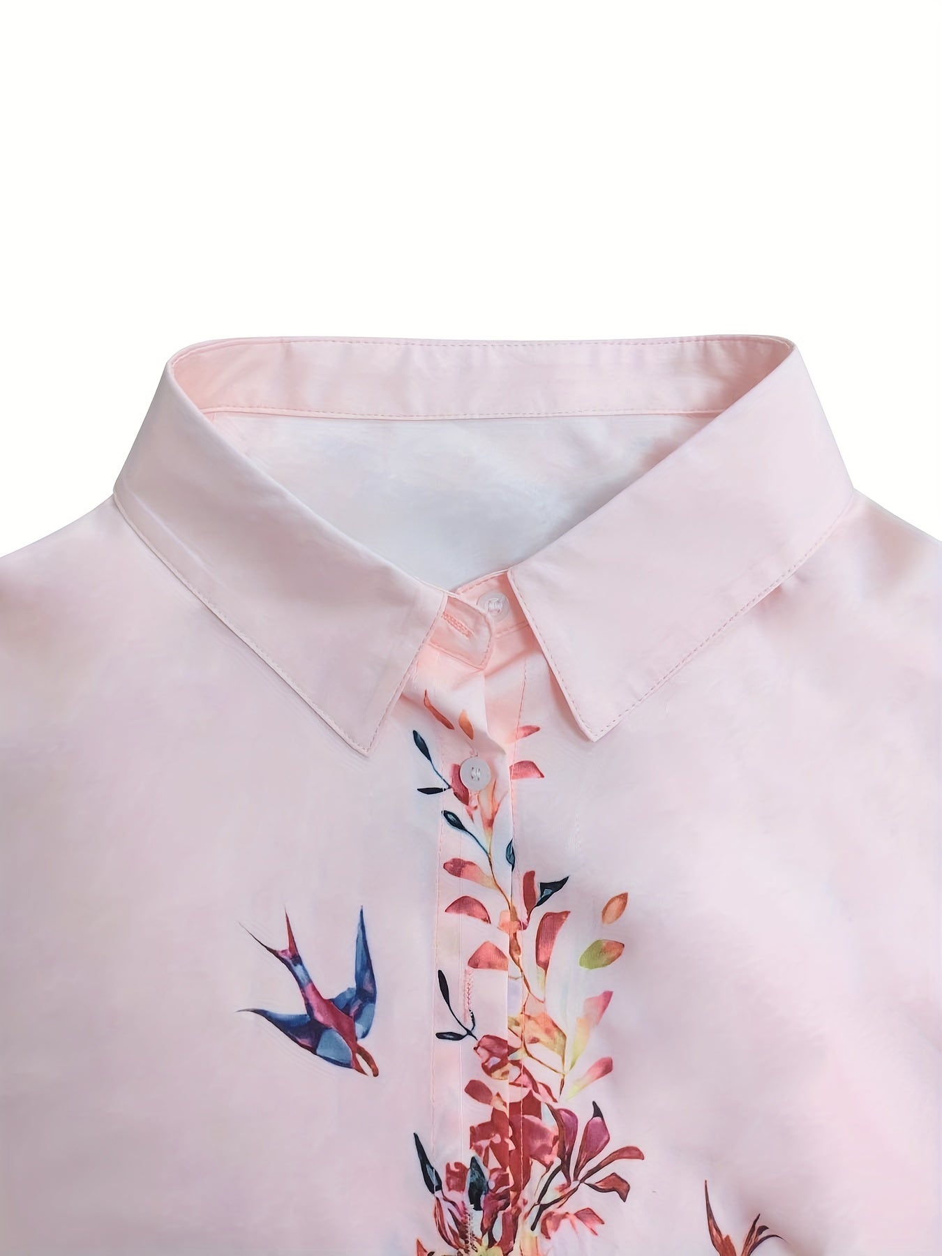  Blouse Women's Plus Bird Print Long Sleeve Button Up Tunic Top