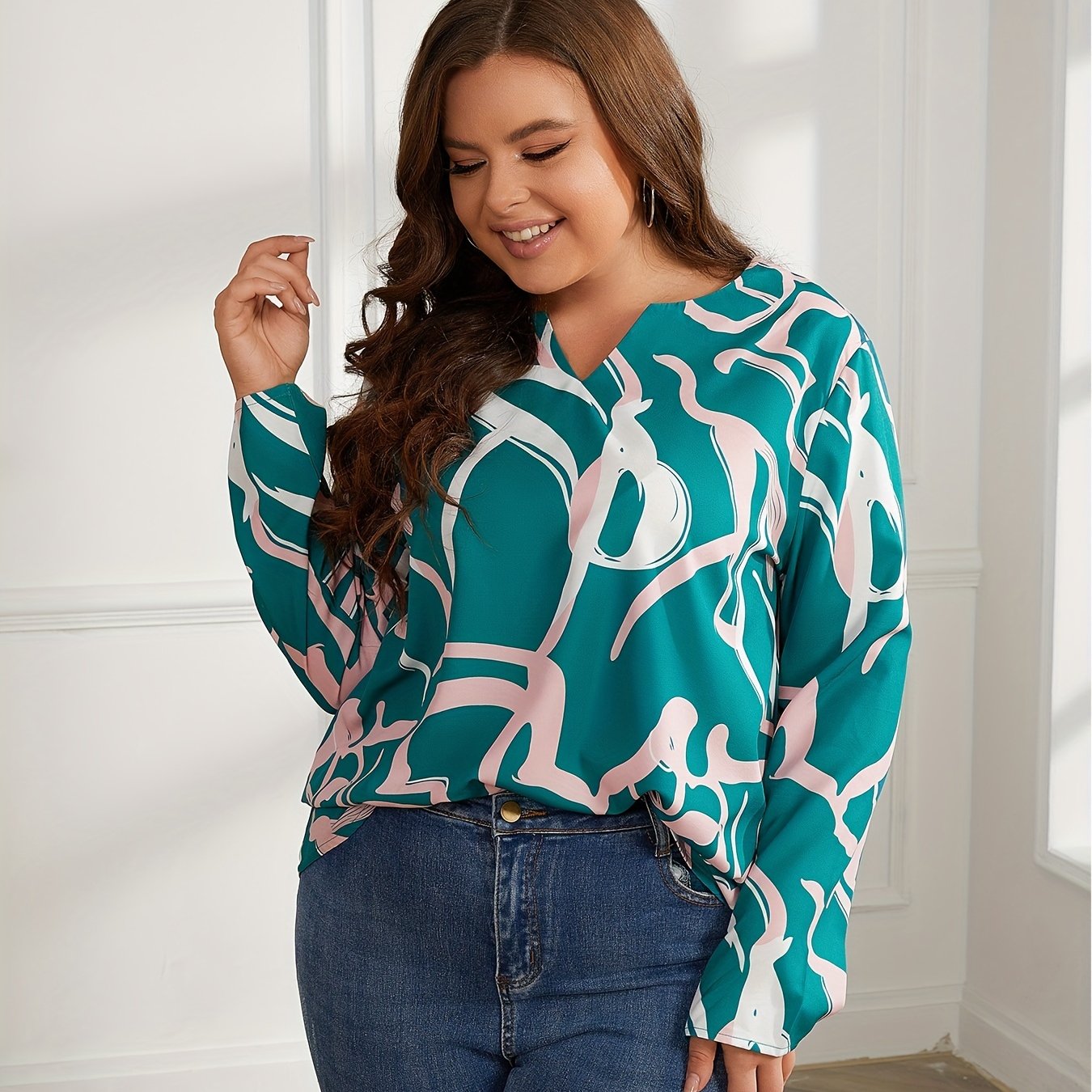  Blouse Women's Plus Print Long Sleeve Notched Neck Top