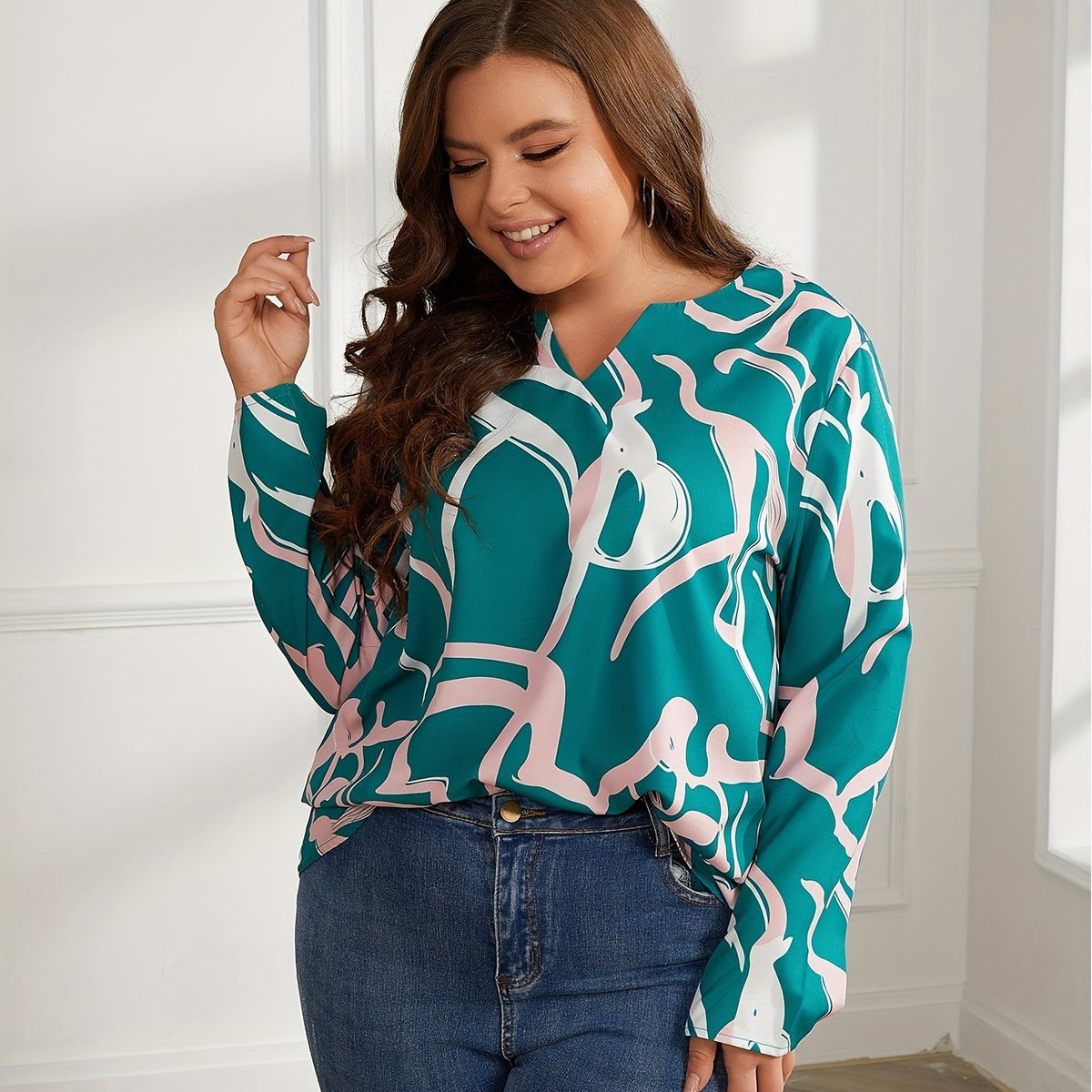  Blouse Women's Plus Print Long Sleeve Notched Neck Top