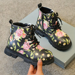 Girls Flower Print Lace Up Boots, Non Slip & Comfortable