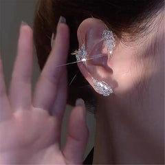 Leaf Feather Ear Hanging Light Flash Zirconium Ear Clip Earrings