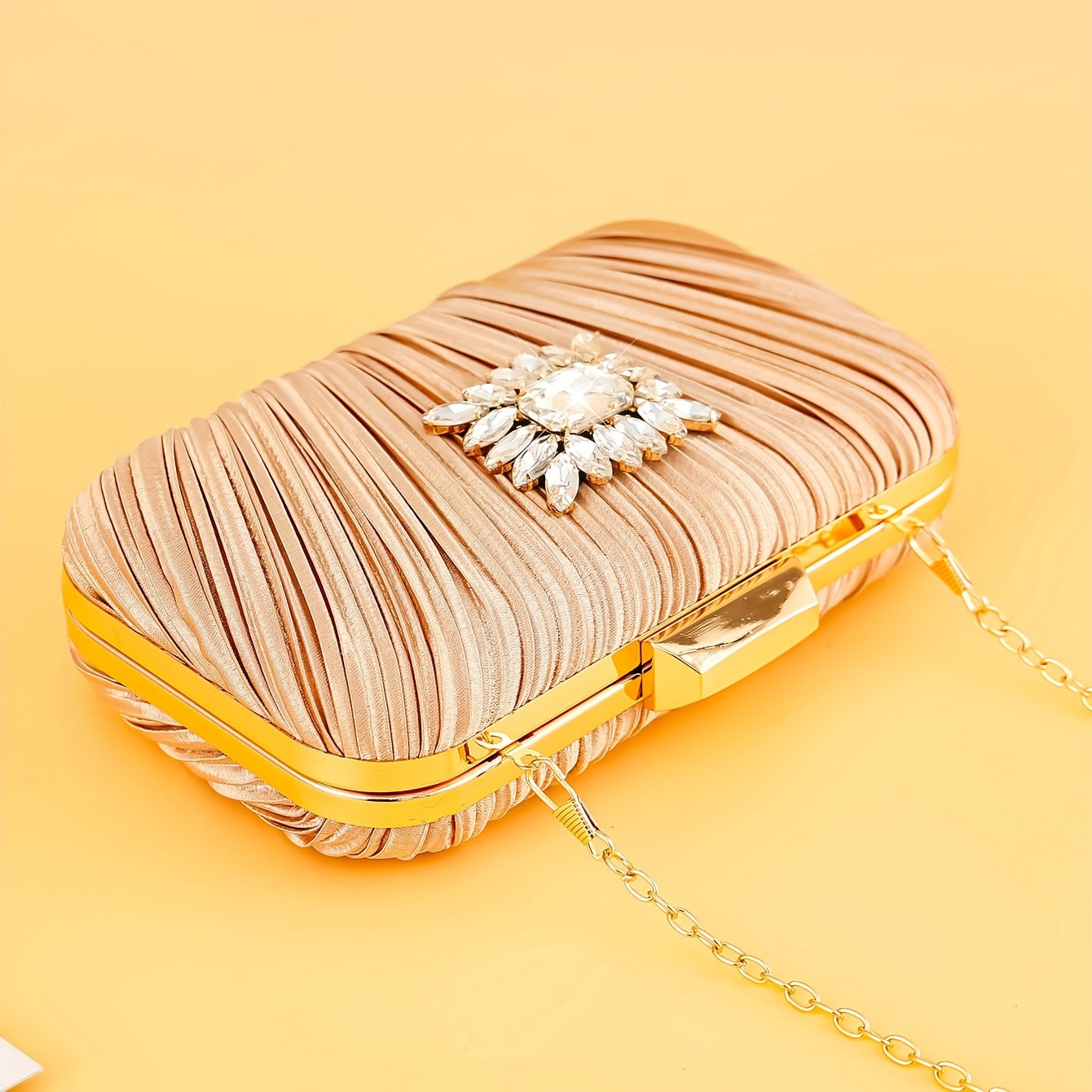 Pleated Rhinestone Chain Clutch Evening Bag