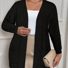  Solid Ribbed Long Sleeve Open Front Stretch Cardigan