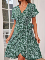 Floral Print Vacation Dress V Neck Short Sleeve Knot Summer Dress