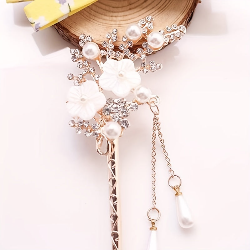 Pearl Rhinestone Flower Hairpin Hair Stick Ponytail Holder
