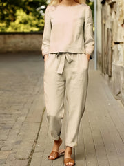 Casual Two Piece Set Solid Long Sleeve Tops & Loose High Waisted Pants
