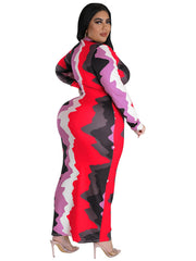 Tie Dye Print V Neck Long Sleeve Maxi Dress Plus Size