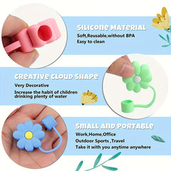 Cartoon Flower Straw Cover Reusable Silicone Straw Lid Cup Accessories