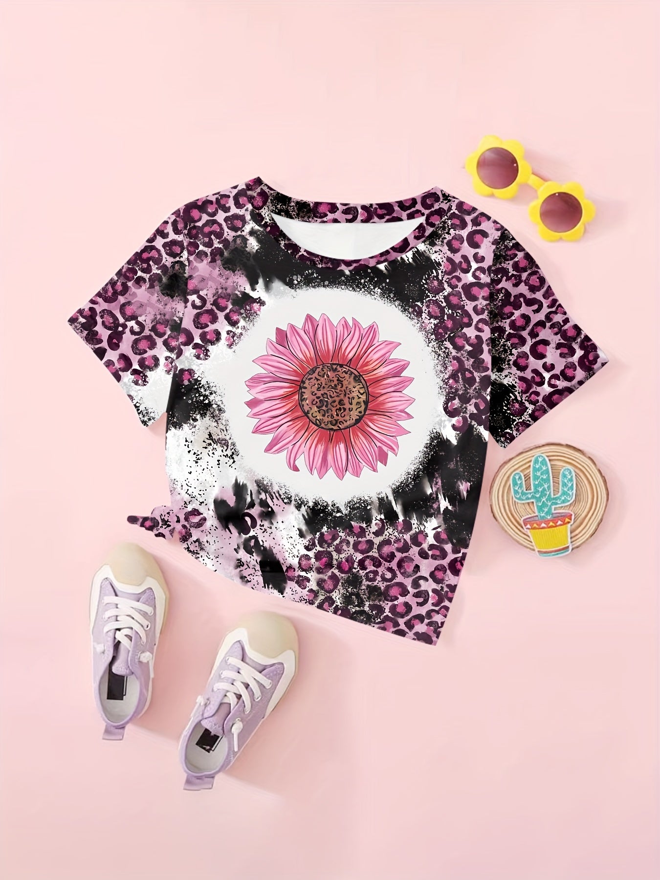 Girls Leopard Print Sunflower Graphic Tee Short Sleeve T Shirt