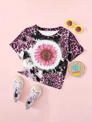 Girls Leopard Print Sunflower Graphic Tee Short Sleeve T Shirt
