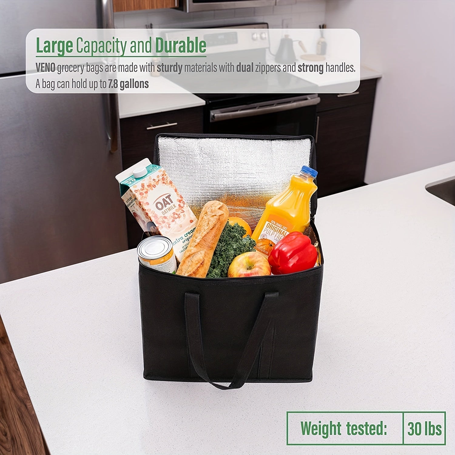 Large Insulated Reusable Grocery Bag Keeps Food Fresh & Cold