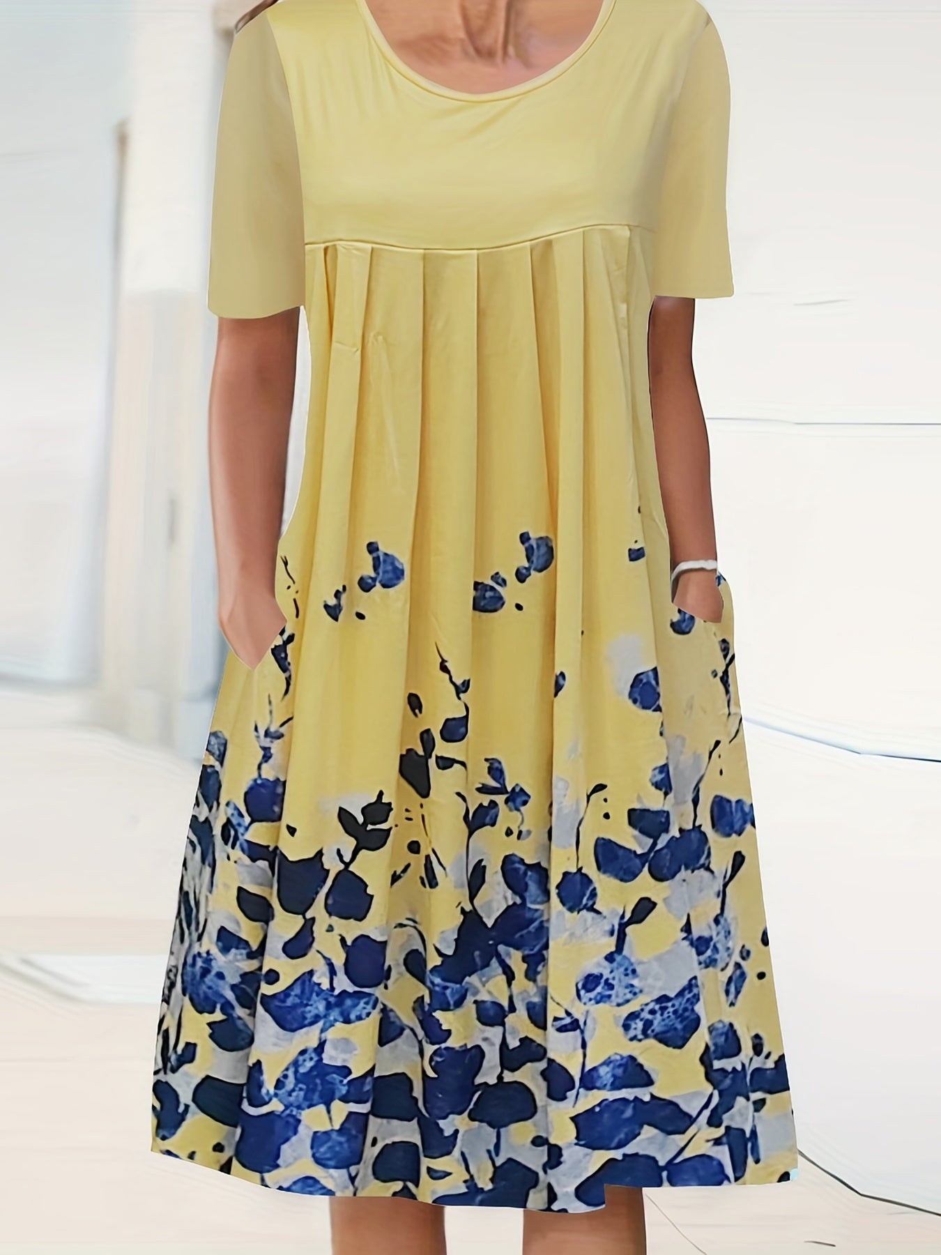  Floral Print Short Sleeve Dress With Pockets