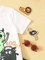 Boys Monster Print Casual Outfit T shirt & Shorts Kids Summer Clothes Sets