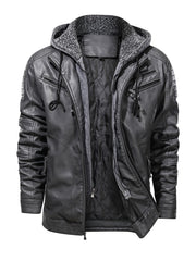 Men's Zipper Hoodie Autumn Winter Solid PU Faux Leather Jacket